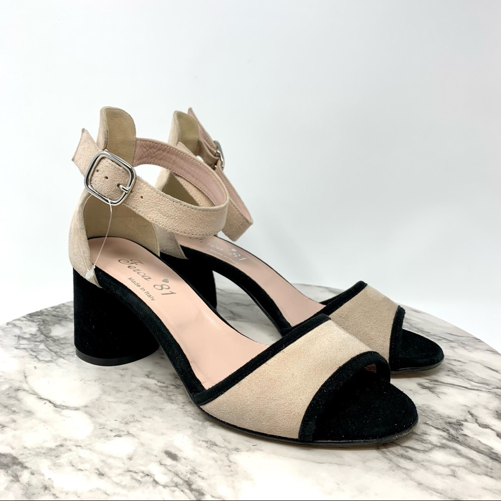 Ferca 81 Two Tone Suede Open Toe Ankle Strap 7 Pink/Black BalletCore Classic